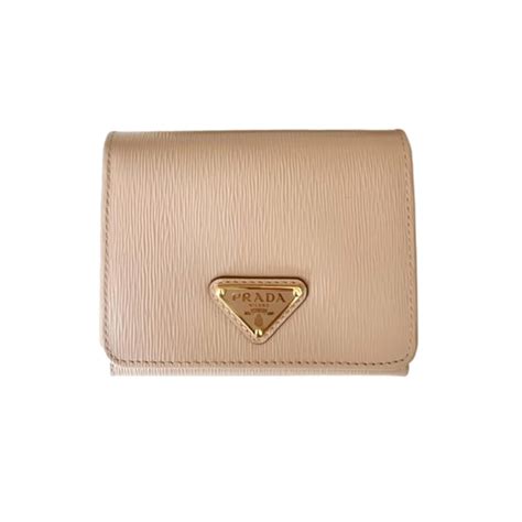 Prada Women's Beige Leather Triangle Logo Small Trifold Wallet